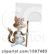 Clipart Happy Brown And White Cat Holding Up A Sign Royalty Free Vector Illustration