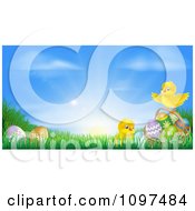 Poster, Art Print Of Cute Easter Chicks With Eggs In Grass Against A Sunrise