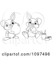 Poster, Art Print Of Cute Outlined Easter Bunnies Holding And Painting Easter Eggs