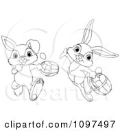 Poster, Art Print Of Cute Outlined Easter Bunnies Running And Leaping With Eggs In Baskets