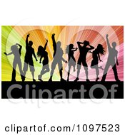 Clipart Silhouetted Party People Dancing Over A Colorful Burst Of Rays Royalty Free Vector Illustration