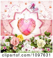 Poster, Art Print Of Wedding Or Valentines Day Background With A Dewy Pink Heart Butterfly And Roses