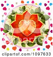 Poster, Art Print Of Wedding Or Valentines Day Background With A Dewy Orange And Red Rose Heart Over Leaves And Colorful Hearts