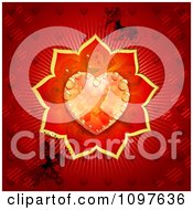 Poster, Art Print Of Wedding Or Valentines Day Background With A Dewy Orange And Red Rose Heart Over Red With Butterflies