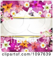 Poster, Art Print Of Pink And Orange Lily And Floral Blossom Wedding Background With Gold Borders Around Copyspace
