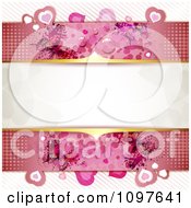 Clipart Pink Wedding Or Valentines Day Background With Dew Hearts Dots And Butterflies And Gold Bars Around Copyspace Royalty Free Vector Illustration