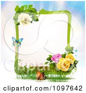 Poster, Art Print Of Green Spring Time Yellow Pink And White Rose Frame With Butterflies