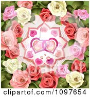 Poster, Art Print Of Valentines Or Wedding Background Pink And White Roses Around Entwined Hearts