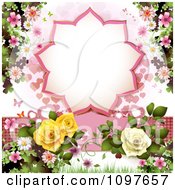 Poster, Art Print Of Wedding Or Valentines Background With Blossoms Roses Butterflies And A Burst Frame