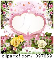 Poster, Art Print Of Wedding Or Valentines Background With Blossoms Roses Butterflies And A Frame