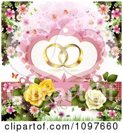 Poster, Art Print Of Engagement Or Wedding Background Golden Rings Over Hearts Blossoms And Roses