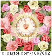 Poster, Art Print Of Wedding Or Valentines Day Heart Clock Background With Pink And White Roses