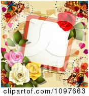 Poster, Art Print Of Valentines Day Or Wedding Note With Roses And Butterflies Over Tan 1