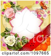 Poster, Art Print Of Valentines Day Or Wedding Note With Roses And A Butterfly Over Yellow