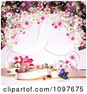 Poster, Art Print Of Pink Floral Blossom Wedding Background With A Lily Butterfly And Banner