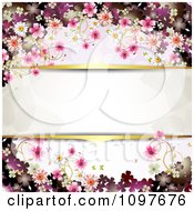 Poster, Art Print Of Pink Floral Blossom Wedding Background With Gold Borders Around Copyspace