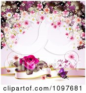 Clipart Valentines Day Or Wedding Background With A Pink Rose Banner Butterfly And Blossoms Royalty Free Vector Illustration by merlinul