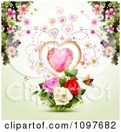 Clipart Valentines Day Or Wedding Background With A Dewy Heart Roses Blossoms And Butterfly Royalty Free Vector Illustration by merlinul