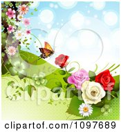 Poster, Art Print Of Spring Time Or Wedding Background With Roses And A Butterfly 4
