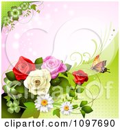 Poster, Art Print Of Spring Time Or Wedding Background With Roses And A Butterfly 3