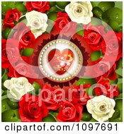 Poster, Art Print Of Valentines Day Or Wedding Background With A Red Heart Encircled With Dewy Roses