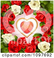 Poster, Art Print Of Valentines Day Or Wedding Background With A Red Heart And Dewy Roses