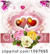 Poster, Art Print Of Wedding Or Valentines Day Background Of Red Hearts Over Three Dewy Roses On Pink With Butterflies