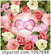 Poster, Art Print Of Wedding Or Valentines Day Background Pink And White Roses Around Entwined Hearts