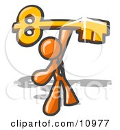 Poster, Art Print Of Excited Orange Businessman Holding Up A Large Golden Skeleton Key