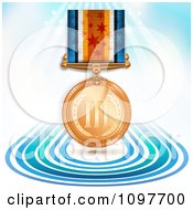 Poster, Art Print Of 3d Sports Achievement Bronze Third Place Award Medal On A Ribbon Over Blue Lines And Rays