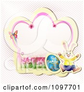 Poster, Art Print Of Pink Blossom Easter Frame With A Butterfly Rabbit And Egg Over Diagonal Stripes