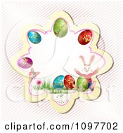 Poster, Art Print Of Pink Easter Frame With A Butterfly Rabbit And Colorful Eggs Over Diagonal Stripes