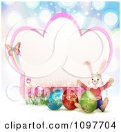 Poster, Art Print Of Pink Easter Frame With A Butterfly Rabbit And Eggs Over Blue Rays