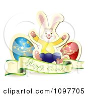 Clipart Happy Easter Greeting Banner With Two Eggs And A Bunny Royalty Free Vector Illustration