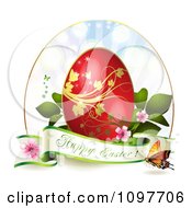 Poster, Art Print Of Happy Easter Greeting Banner With A Red And Gold Egg Blossoms And Butterflies
