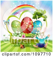 Poster, Art Print Of Jolly Easter Bunny Over A Green Frame With Blossoms Eggs And Butterflies And A Rainbow