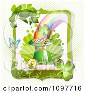 Clipart Green Shamrock And Butterfly Frame Around A St Patricks Day Pot Of Gold At The End Of A Rainbow Royalty Free Vector Illustration by merlinul