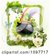 Clipart Green And White Rose Butterfly Frame Around A St Patricks Day Pot Of Gold At The End Of A Rainbow Royalty Free Vector Illustration