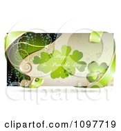 Clipart Happy St Patricks Day Banner With Green Ribbon And A Shamrock Royalty Free Vector Illustration