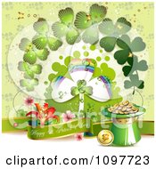 Poster, Art Print Of Happy St Patricks Day Banner With Gold Shamrocks And Rainbow