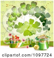 Clipart Happy St Patricks Day Greeting With Shamrocks An Irish Banner And Gold Royalty Free Vector Illustration by merlinul