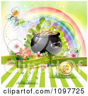 Clipart Butterfly And Rainbow Over A Happy St Patricks Day Greeting Banner With A Pot Of Gold Royalty Free Vector Illustration