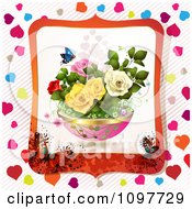Clipart Planter Of Roses Framed In Orange With Butterflies And Hearts Royalty Free Vector Illustration