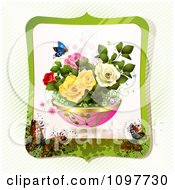 Poster, Art Print Of Planter Of Spring Flowers With A Butterfly Framed In Green With Butterflies And Stripes