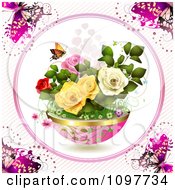 Planter Of Spring Flowers With A Butterfly Framed By Pink Butterflies