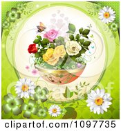 Planter Of Spring Flowers With A Butterfly Framed By Green