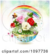 Poster, Art Print Of Planter Of Spring Flowers With A Butterfly And Rainbow