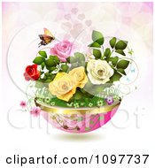 Clipart Planter Of Roses And Spring Flowers With A Butterfly Over Pink 2 Royalty Free Vector Illustration