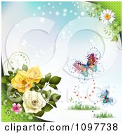 Poster, Art Print Of Rose And Blossom Background With Butterflies On Blue