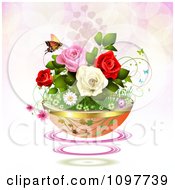 Clipart Planter Of Roses And Spring Flowers With A Butterfly Over Pink 1 Royalty Free Vector Illustration